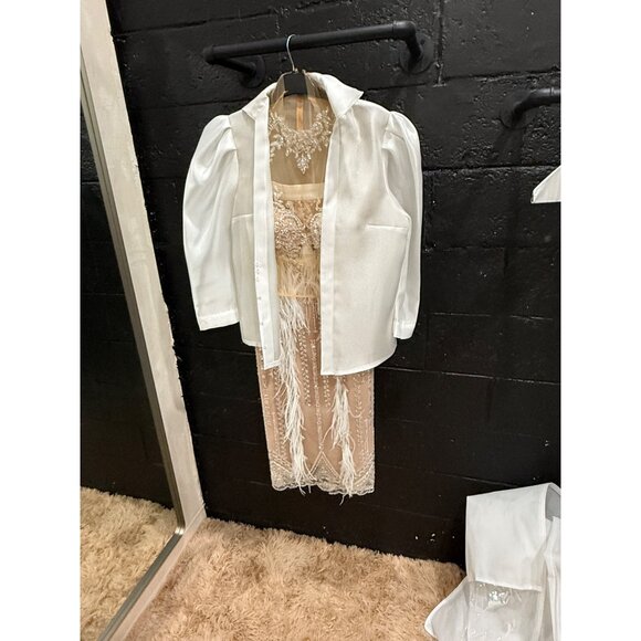 Marwan Midi Dress with Feathered Skirt and Sweep Train - Picture 5 of 7